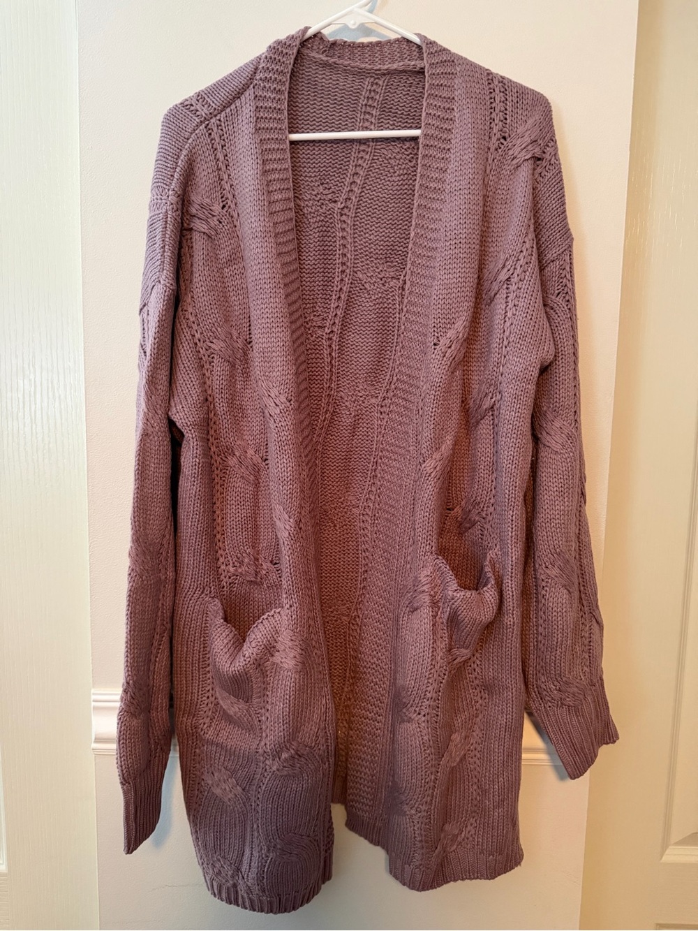 Women’s Open-Front Cable Knit Cardigan in Plum